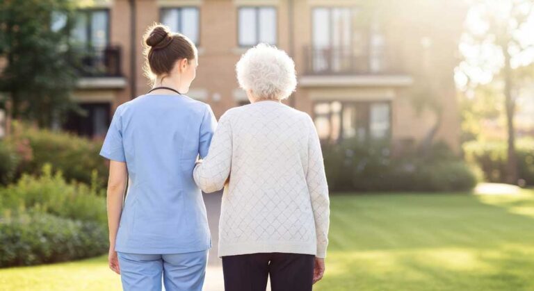 Residents and staff discussing emergency procedures in a brightly lit assisted living common area.