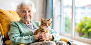 Older adult and family member looking at photographs together in a bright assisted living room.