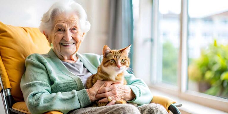Older adult and family member looking at photographs together in a bright assisted living room.